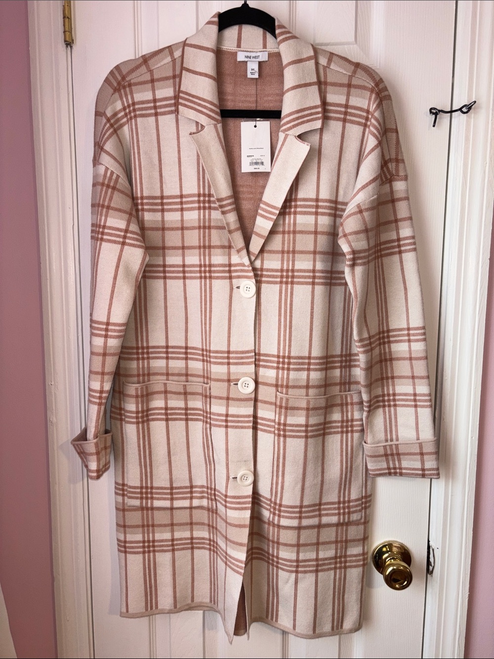 Nine West Cream & Tan Plaid Longline Trench Coat